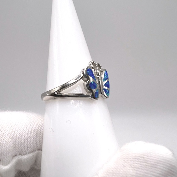 Sale $20 Firm! .925 Sterling Silver Lab Created Blue Opal Butterfly Ring - Picture 11 of 14